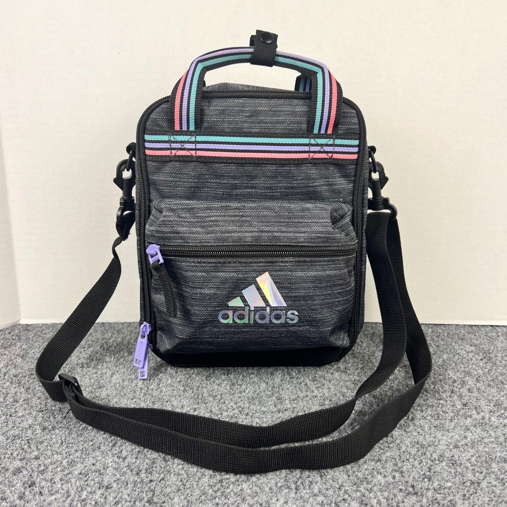 Adidas Insulated Lunch Bag Gray Space Dye Iridescent Logo Crossbody Rainbow